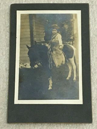 Vintage Photo Little Boy In Cowboy Hat,  Chaps On Horse Pony,  Bare Feet,  Unhappy