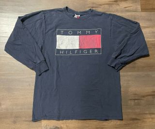 Vtg Tommy Hilfiger Classic Flag Long - Sleeve T - Shirt Made In Usa Size Xl Fits Med