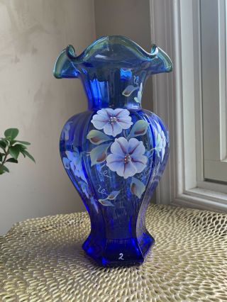 Fenton Blue Vase Hand Painted Signed By The Artist