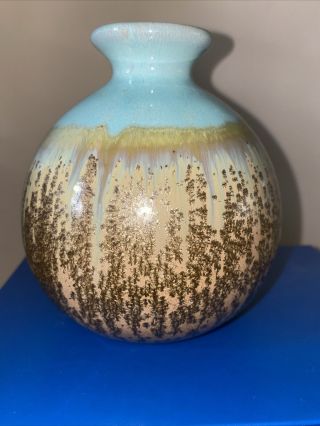 Hand Made Pottery Gold Blue Aqua Bud Vase