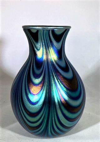 Charles Lotton Blue Iridescent Drape Art Glass Vase 6 " Signed Dated 1983