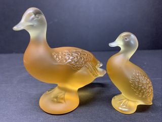 Lalique France Mother Duck And Baby Duck Gold & Amber Figurine Set Signed Rare