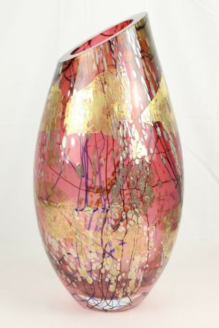 Large Tim Lazer Contemporary Art Glass Vase Red & Gold 16.  5 " H Signed Dated 1993