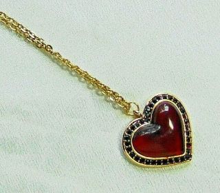Vintage Liz Claiborne Dark Red Lucite & Red Rhinestone Heart Pendant Necklace