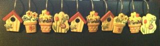 Vintage Shower Curtain Hooks Birdhouses And Flowers - Set Of 10