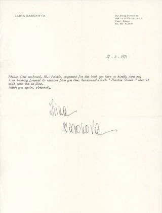 Typed Signed Letter From Great Ballerina Irina Baronova.