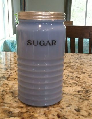 Jeannette Glass Co Delphite Blue Sugar Canister Round Ribbed Storage Jar