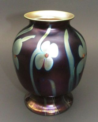Early Orient & Flume Art Glass Vase Iridescent Flowers Blossom Vines 1976 Signed