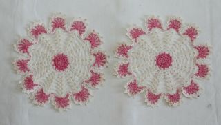 2 Vintage Dainty White With Pink Trims Hand Crocheted Small Doilies 5 " Dia