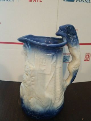 Old Vintage Art Pottery Blue & White Pitcher W Dog Handle 10 " Tall
