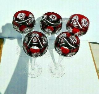 Vintage Set Of 5 Dark Red Cut Crystal To Clear 8 1/4 Inch Tall Wine Glasses 2