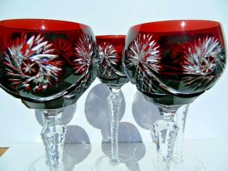 Vintage Set Of 5 Dark Red Cut Crystal To Clear 8 1/4 Inch Tall Wine Glasses 3