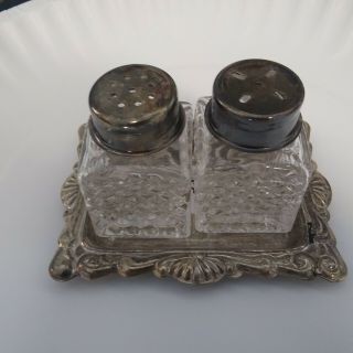 Vintage Glass Salt And Pepper Shakers Silver Plated Tray Made In Italy