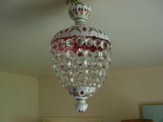 Vintage Bohemian Overlay White Glass Cut To Red Ceiling Light.