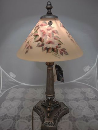 Fenton Reverse Painted Table Lamp Satin Glass Shade Metal Base 18 " By Frederick