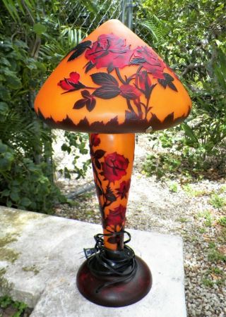 Stunning Galle Style Art Glass Orange W/overlaid Flowers Glass Mushroom Lamp 23 "