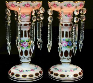 Pair Vintage Czech Bohemian Cranberry Glass Mantel Luster Candlesticks Prisms