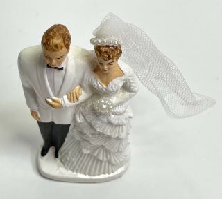 Vintage Wedding Cake Topper Bride Groom 1950s Faux Pearl Bouquet White Tuxedo 3