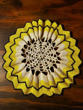 Vintage Hand Crocheted Doily Hot Pad Centerpiece 9 In.  Yellow.  Sparkling.