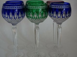 Six Wine Glasses Ajka Hungary Crystal Colored Blue Green Patern Clarendon