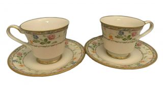 Noritake Ivory China Finale Pattern - Pair Footed Cups & Saucers 7213 Japan