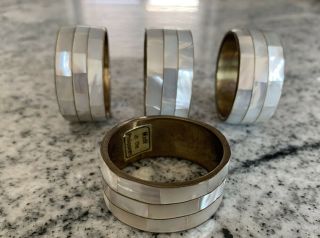 Brass Napkin Rings Holders W/white Mother Of Pearl Vintage Set Of 4