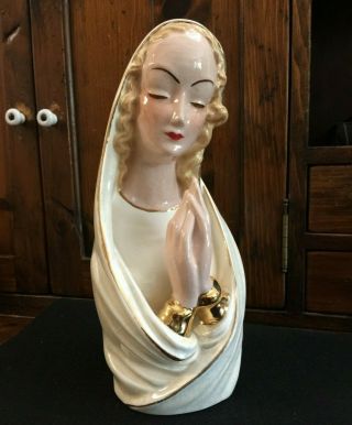 Vintage Madonna/virgin Mary Ceramic Bust Prayin Gold Trim 1950 