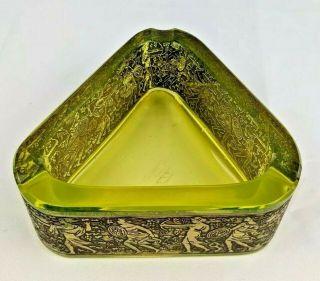 Antique Art Deco Moser Karlsbad Gold Relief Green Vaseline Uranium Glass Ashtray 3