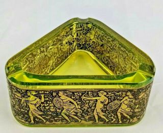 Antique Art Deco Moser Karlsbad Gold Relief Green Vaseline Uranium Glass Ashtray 4
