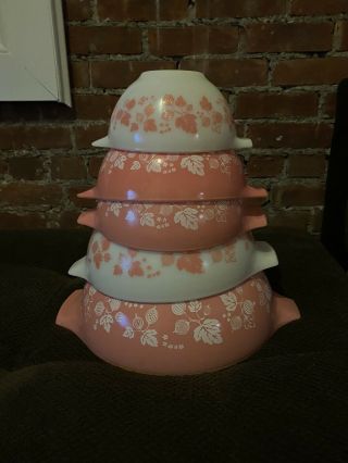Vintage Pyrex Pink Gooseberry Set Of 5 Cinderella Mixing Nesting Bowls Antique