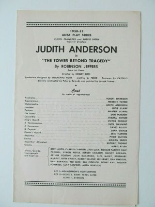 Vintage Program - Judith Anderson The Tower Beyond Tragedy Anta 1950 - 51