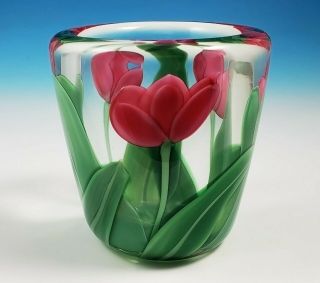 Orient & Flume Cased Tulip Paperweight Style Art Glass Vase Bruce Sillars 1986