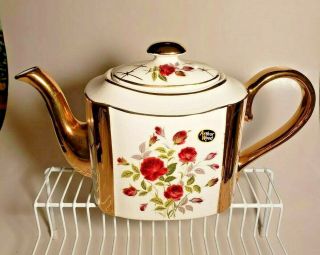 Vintage Porcelain Haddon Arthur Wood Floral Rose Teapot 5490 England Gold Trim