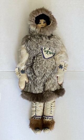 Vintage 16” Inuit Eskimo Doll Fur Clothing Leather Beaded Hand Sewn Yukon Canada