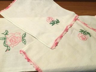 Vintage Kitchen Tea Towels Set Of 3 Hand Embroidered With Crocheted Edge