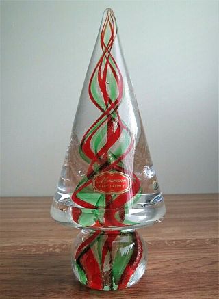 Vintage Murano Christmas Tree Red,  Green & Gold Swirl,  Clear Cased,  Art Glass
