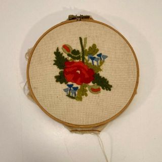 Vintage Floral Embroidery Needlepoint Art Flowers Design In Wooden Hoop 6 "