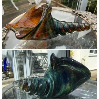 2 Rare Murano Art Glass Cornucopia Horn Conch Shells Sea Dish Ornament Sommerso
