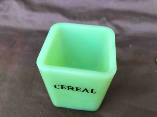 Vintage Depression Era Jeanette Jadite Glass Child ' s Cereal Canister Jar 4