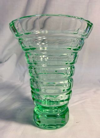 SIGNED DAUM NANCY FRANCE GREEN FLARED VASE WITH POLISHED OVAL CUTTINGS. 4
