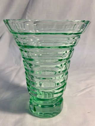 SIGNED DAUM NANCY FRANCE GREEN FLARED VASE WITH POLISHED OVAL CUTTINGS. 5