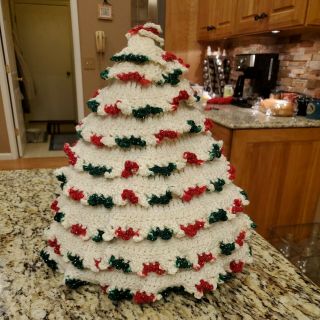 Vintage Handmade Crochet Christmas Tree Knitted Decor Decoration Green Red White