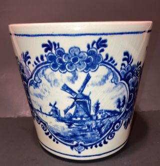 Vintage Delft Blauw Flower Pot Planter Holland Windmill Hand Painted