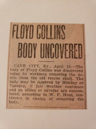 Vintage Clipping Mounted On Card 1925 Floyd Collins Cave Kentucky