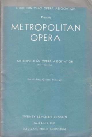 Opera Programme 1952 Met In Cleveland Güden Mario Del Monaco Giuseppe Di Stefano