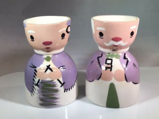 Set Of 2 Vintage Handpainted Egg Cups Whimsical Man & Women Mr & Mrs.