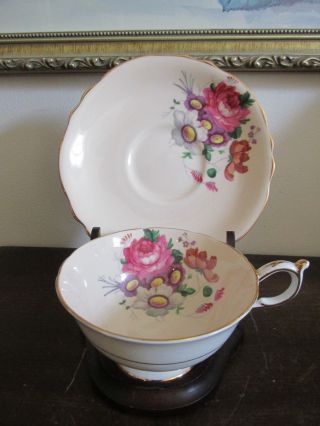 Vintage Paragon England Hand Painted Tea Cup And Saucer Creamy Flowers Rose