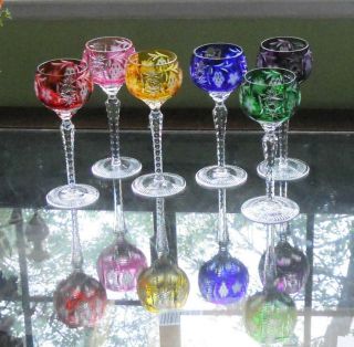 Vtg Set 6 Colorful Cut Etched Bohemian/czech Crystal Wine Goblet Stemware 8.  5 "