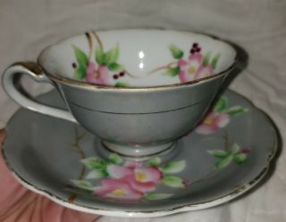 Vintage Occupied Japan Hand Painted Trimont China Tea Cup & Saucer Pink Flowers