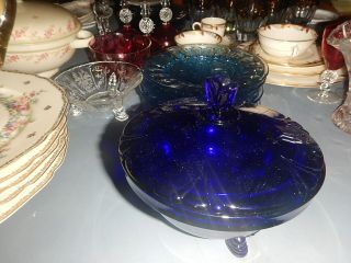 Heisey Glass Candy Bowl Cobalt Blue Empress Pattern Dolphin Feet Estate Item